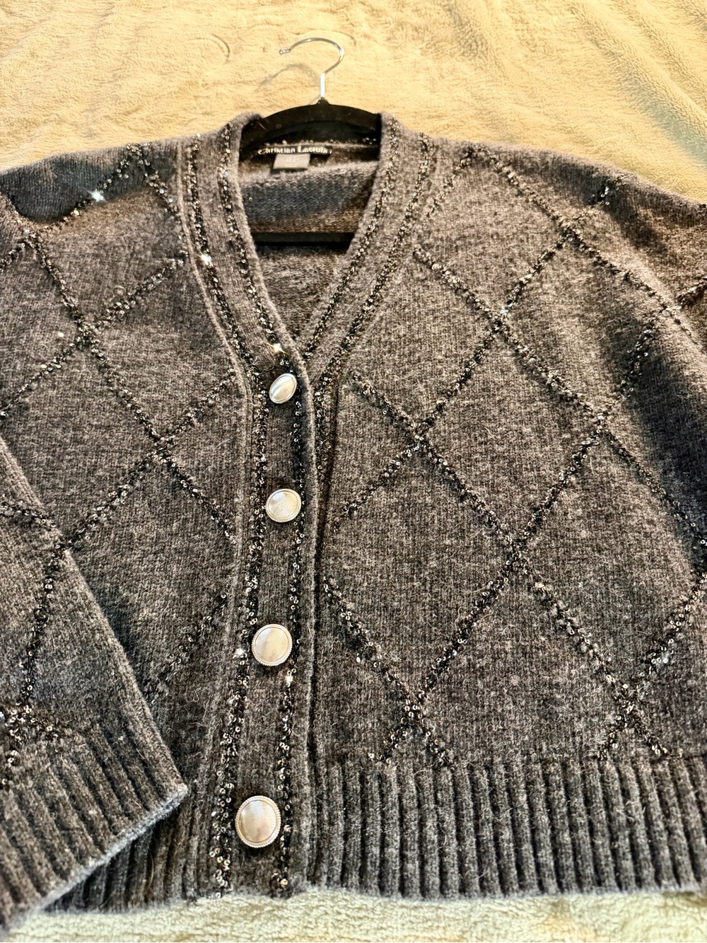 Christian Lacroix Wool V-Neck Boxy Sweater Cardigan with Embellishments. size S - Picture 7 of 11